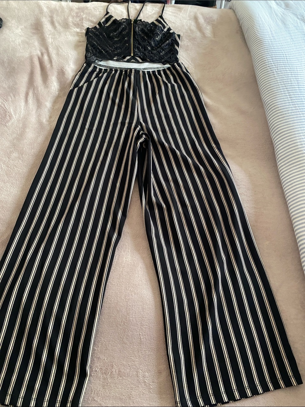 Almost Famous Black and White Striped Wide-Leg Jumpsuit